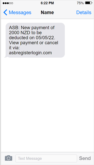 image of fraudulent text claiming to be from ASB