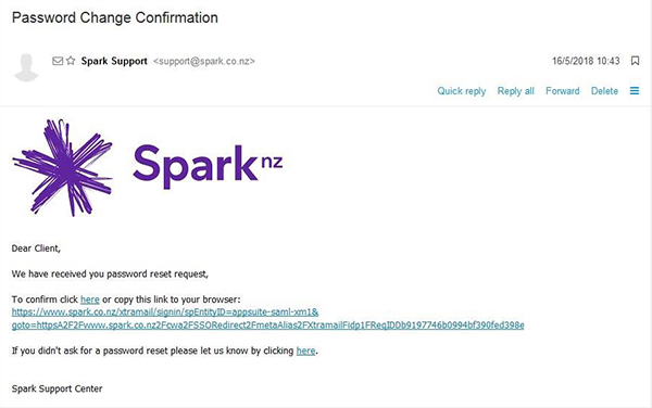 Fake Spark password reset email